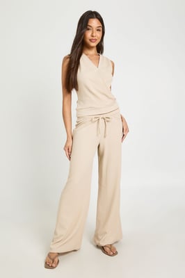 V Neck Wrap Over Deep Hem Top and Wide Leg Trouser Coord