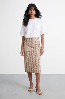 Snake Print Faux Leather Midi Skirt