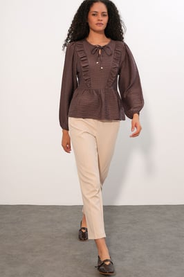 Rimpelige Geweven Blouse Met Strik Sluiting