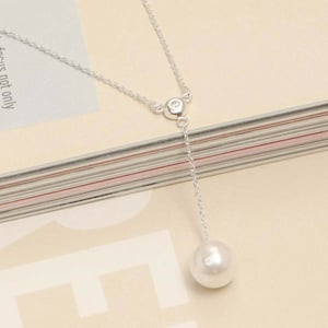 Women's Lariat Necklace with Pearl and Cubic Zirconia in 925 Sterling Silver BICLL019