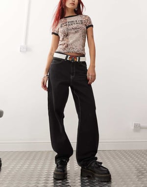 Dr Denim Faye Worker baggy fit mid waist med arbetsklädsdetalj i svart