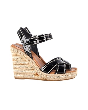 Prada Cross Strap Wedge Sandals in Black Patent Leather