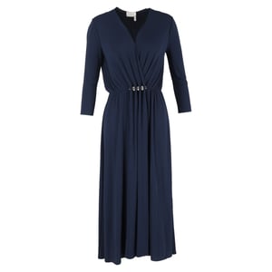 Lanvin midi-jurk met V-hals, plooien en lange mouwen in marineblauw polyester