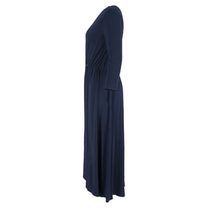 Lanvin midi-jurk met V-hals, plooien en lange mouwen in marineblauw polyester