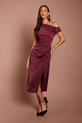 Off Shoulder Satin Side Tie Midi Dress