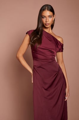 Off Shoulder Satin Side Tie Midi Dress