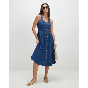 River Island Womens Midi Dress Blue Denim Button Front