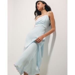 River Island Womens Midi Dress Blue Linen Blend Scallop Trim