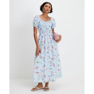 River Island Womens Midi Dress Blue Cotton Floral Shirred