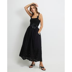River Island Womens Midi Dress Black Poplin Broderie Tie Back