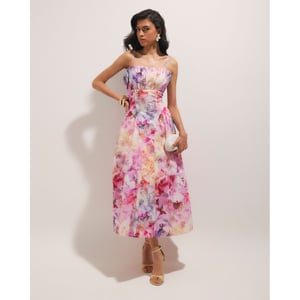 River Island Womens Midi Dress Pink Cotton Floral Print