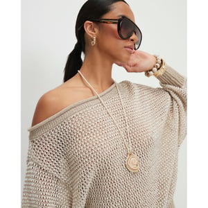 River Island Womens Petite Beige Knitted Off Shoulder Top