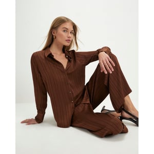River Island Womens Blouse Brown Satin Striped Crinkle