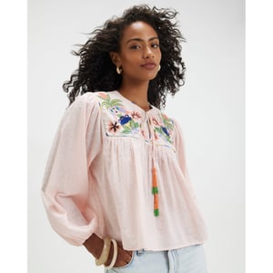 River Island Womens Blouse Pink Tropical Embroidered Smock