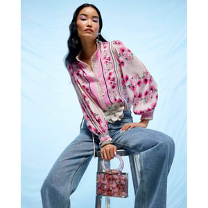 River Island Womens Blouse Pink Floral Half Placket