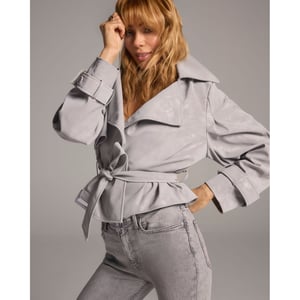 River Island Womens Trench Coat Grey Faux Leather Cropped Belted