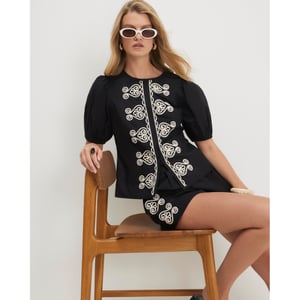 River Island Womens Black Poplin Short Sleeve Embroidered Top