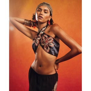 River Island Womens Crop Top Black Beaded Floral Halter Neck