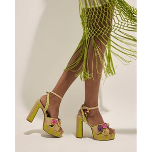 River Island Womens Sandals Yellow Stripe Raffia Flower Platform