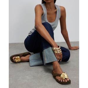 River Island Womens Sandals Khaki Flower Toe Thong Flat