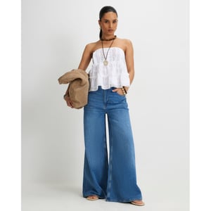 River Island Womens Wide Leg Jeans Petite Blue High Waisted Soft