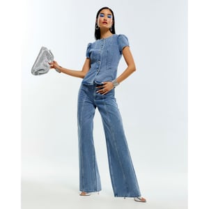 River Island Womens Wide Leg Jeans Blue Washed Bling Button