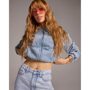 River Island Womens Bomber Jacket Blue Gathered Denim