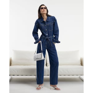 River Island Womens Jumpsuit Blue Utility Belted Barrel Leg Denim