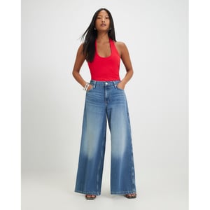 River Island Womens Wide Leg Jeans Petite Blue Elastic Back