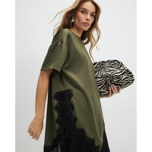 River Island Womens T-shirt Khaki Asymmetric Lace Satin