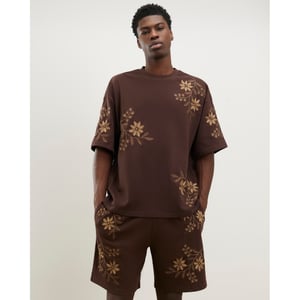 River Island Mens T-shirt Brown Oversized Fit Floral