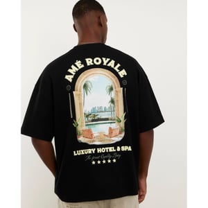 River Island Mens T-shirt Black Oversized Fit Landscape Patch