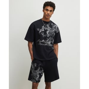 River Island Mens T-shirt Black Oversized Japanese Dragon
