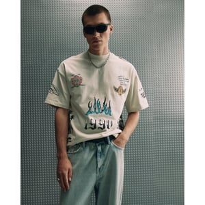 River Island Mens T-shirt Beige Oversized Cotton Graffiti Print