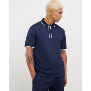 River Island Mens Polo Shirt Navy Slim Fit Textured Zip Tipped
