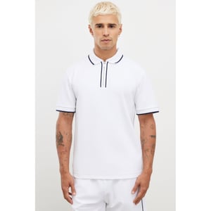 River Island Mens Polo Shirt White Slim Fit Textured Zip Tipped