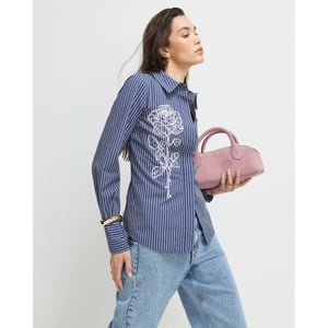River Island Womens Blue Striped Long Sleeve Embroidered Shirt
