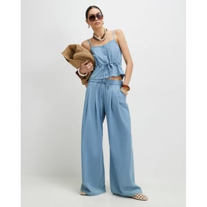 River Island Womens Wide Leg Trousers Blue Denim Look Drawstring