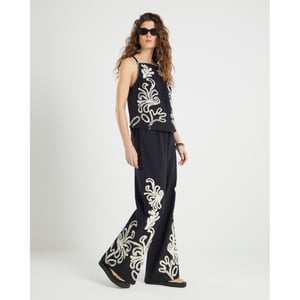 River Island Womens Wide Leg Trousers Black Embroidered