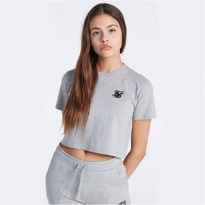 Girls SikSilk Cropped Crew Neck Regular Fit T-Shirt in Grey Marl