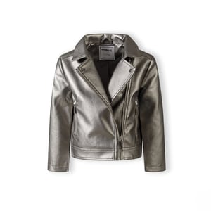 Girls Minoti Solid Patterned Asymmetric Zipper Lapel Collared Bike Jacket in Silver