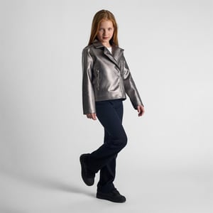 Girls Minoti Solid Patterned Asymmetric Zipper Lapel Collared Bike Jacket in Silver