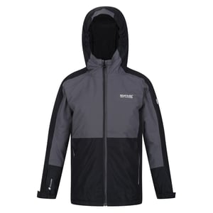 Boys Regatta Beamziii Color Block Hooded Zipped Pocket Rain Jacket in Black/Sealgr