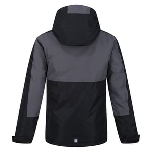 Boys Regatta Beamziii Color Block Hooded Zipped Pocket Rain Jacket in Black/Sealgr