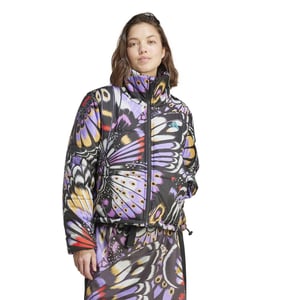 Women's adidas Farm Butterfly Patterned Drawstring Puffer Coat in Black