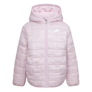 Girls Nike Positive Q Hooded Solid Patterned Puffer Jacket in Pink Foam