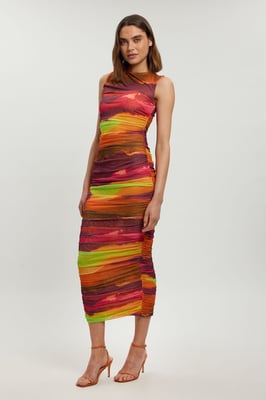 Marbled Printed Mesh Ruched Jersey Maxi Dress