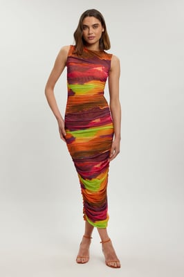 Petite Marbled Printed Mesh Ruched Jersey Maxi Dress