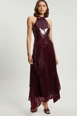 Petite Sequin Halter Neck Hanky Hem Maxi Dress