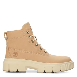 Women's Timberland Greyfield Mid Logo Print Lace Up Platform Boots in Lt Beige Nubuck